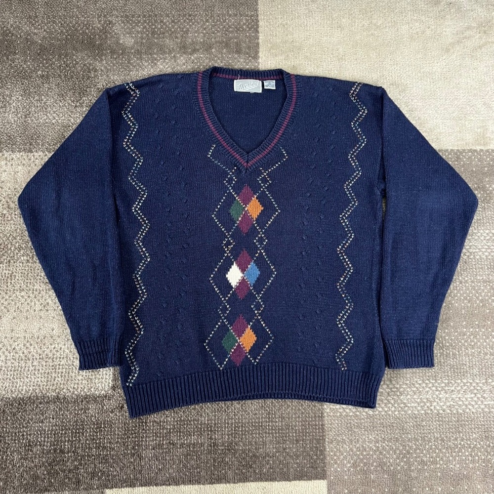 Vintage Method Mens V Neck Argyle Sweater Navy Blue Size Medium Ramie‎ Cotton